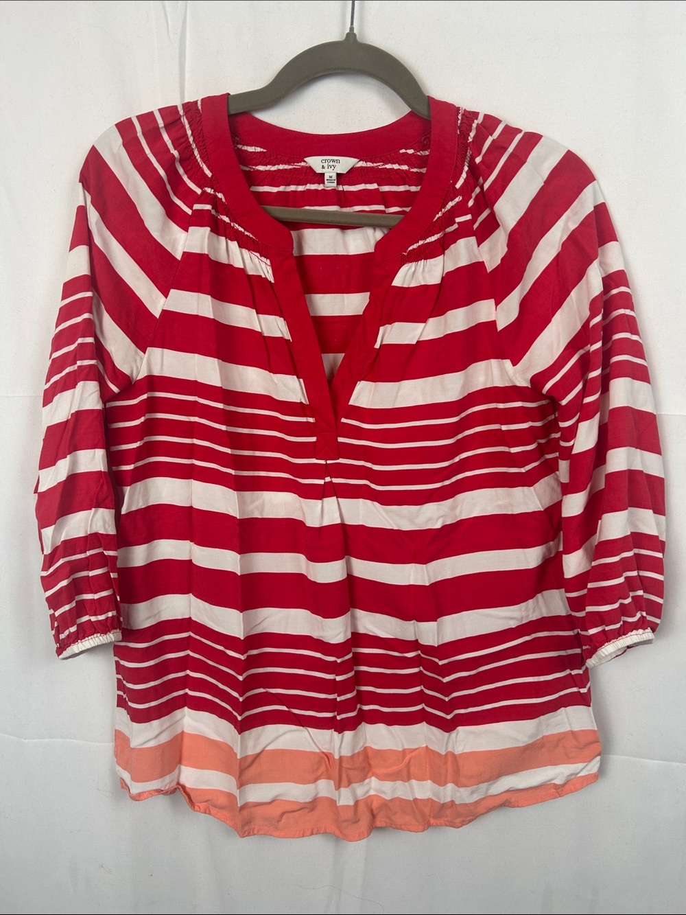 crown & ivy Salmon, White and Coral Striped Popover Tunic